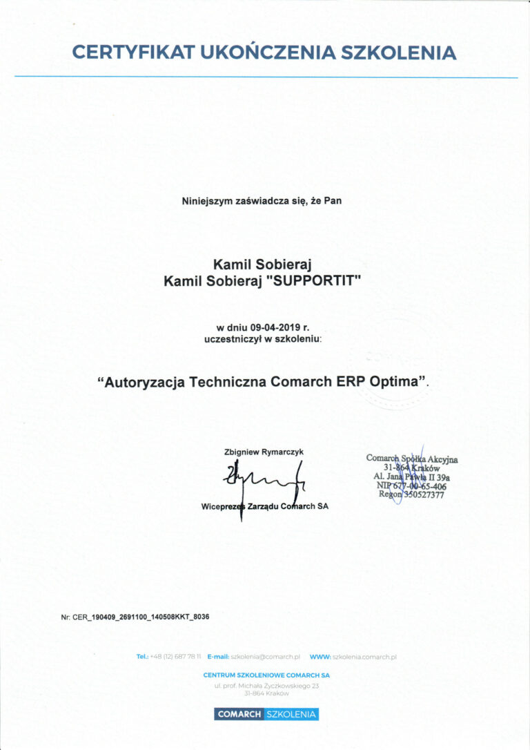 Autoryzacja Techniczna Comarch ERP Optima
