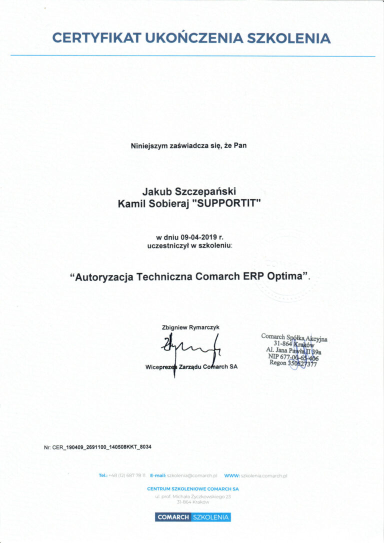 Autoryzacja Techniczna Comarch ERP Optima