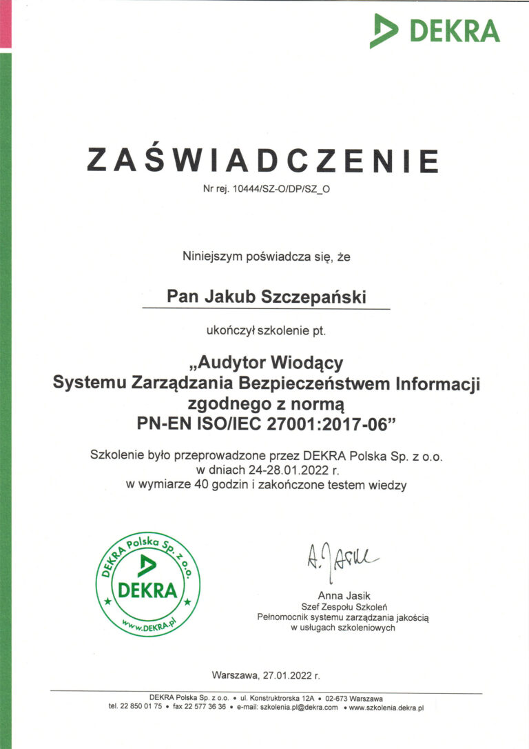 Audytor Wiodący Systemu Zarządzania Bezpieczeństwem Informacji ISO 27001