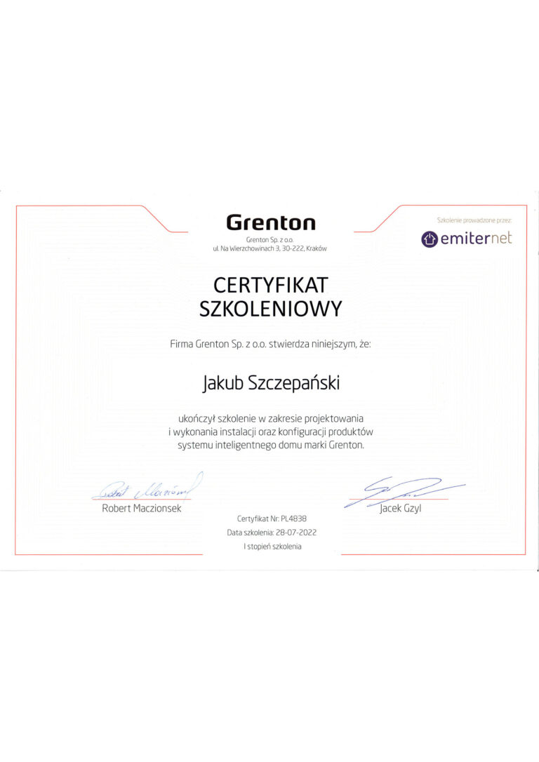 Projektowanie, instalacja oraz konfiguracja produktów Grenton
