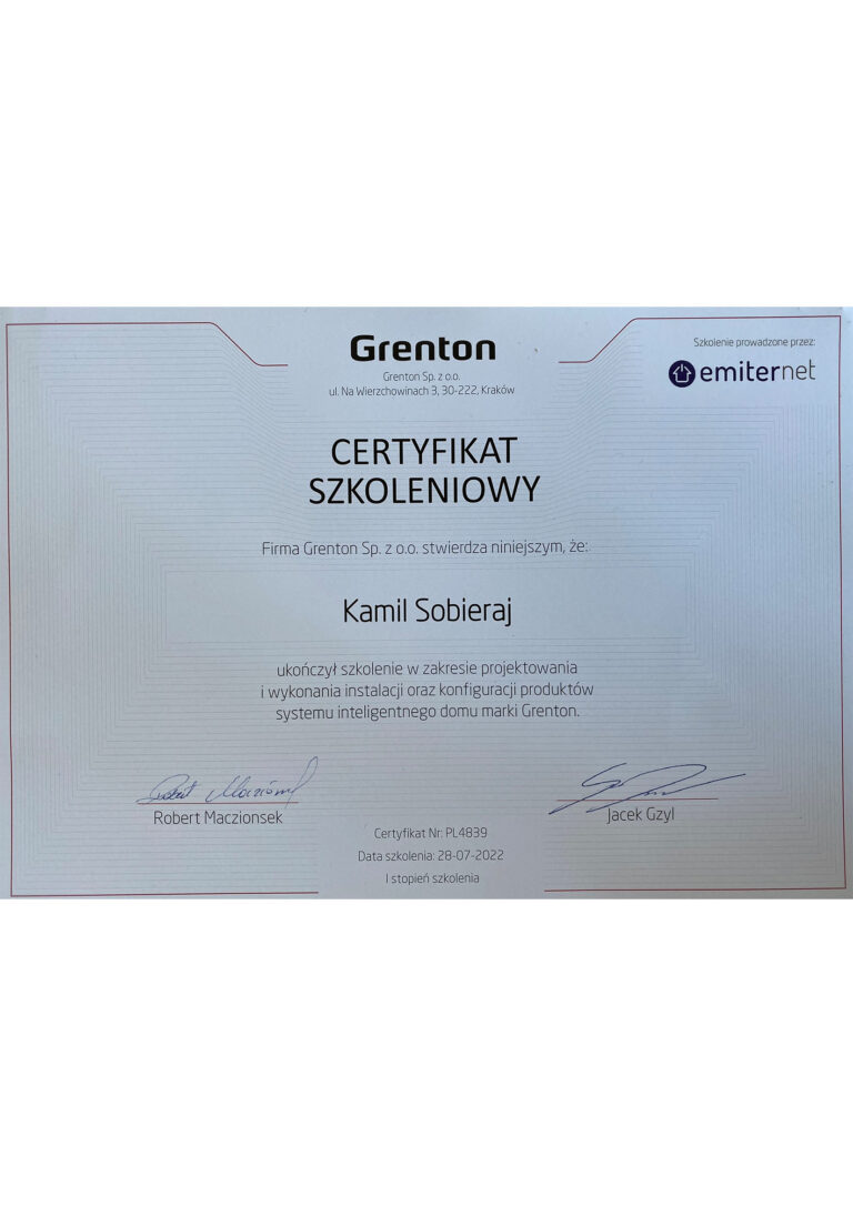 Projektowanie, instalacja oraz konfiguracja produktów Grenton